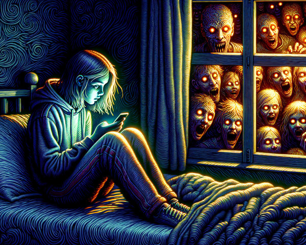 Girl on bed with phone, ominous figures outside window