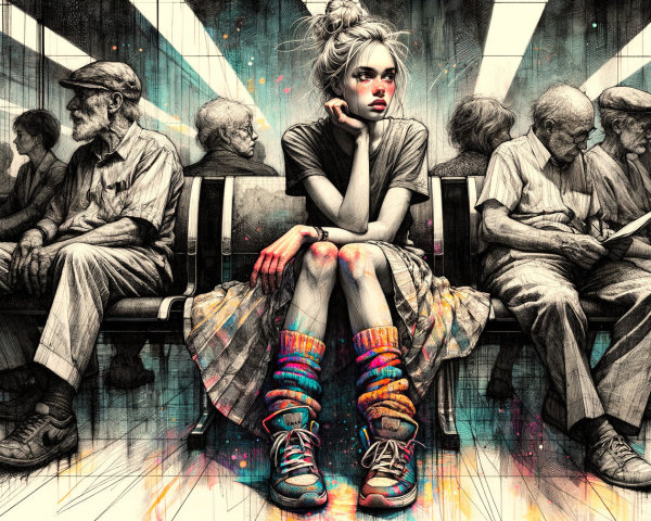 Young woman in colorful leg warmers in a waiting room