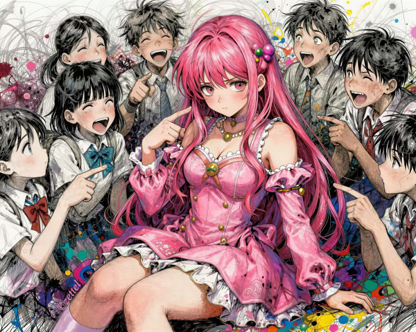 Digital Illustration of Pink-Haired Anime Girl in Dress