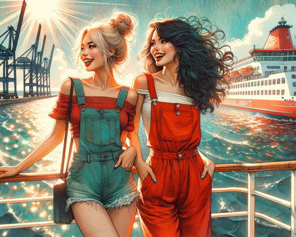 Young Women on Ship Deck with Harbor Background