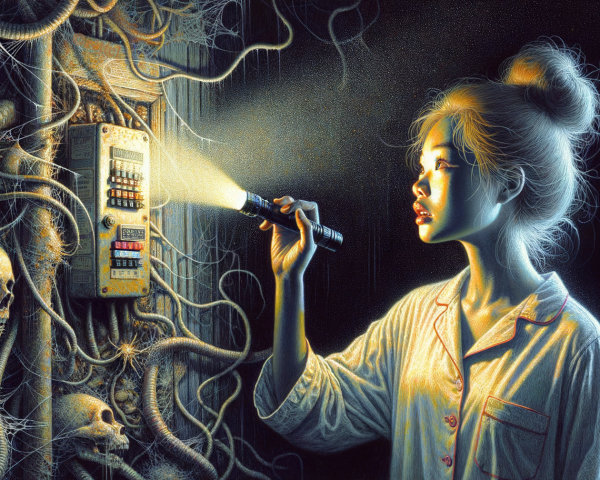 Young Woman in Pajamas Examines Eerie Electrical Panel