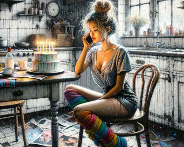 Young Woman in Vintage Kitchen with Festive Cake