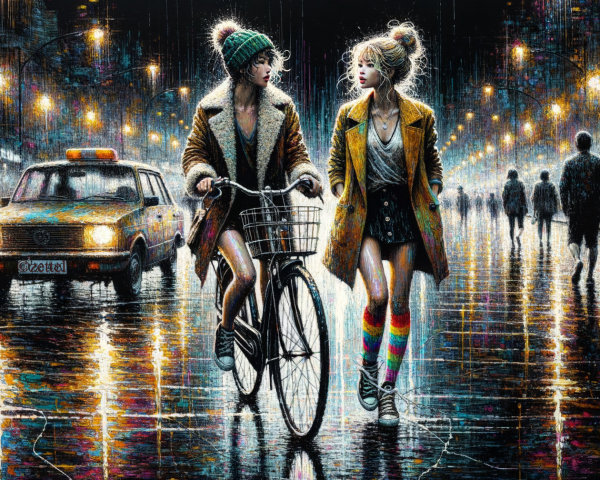 Urban Night Scene with Women and Vintage Taxi