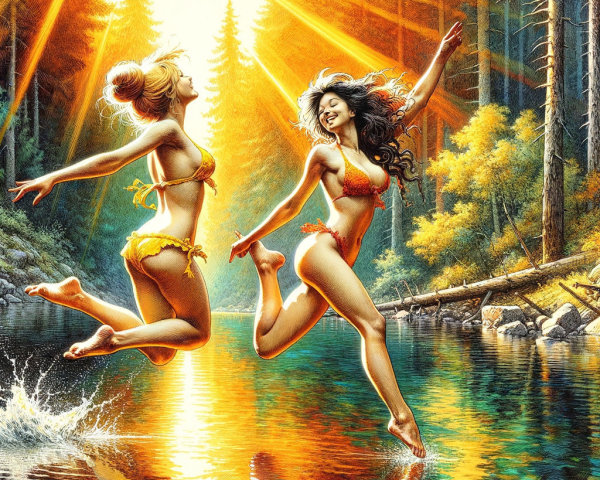 Young Women Leaping into Lake at Sunset in Forest