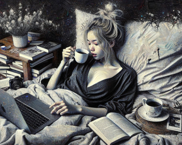 Grungy Oil Painting of Woman with Laptop and Mug