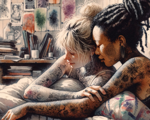 Two Women in Cozy Room Surrounded by Art Supplies