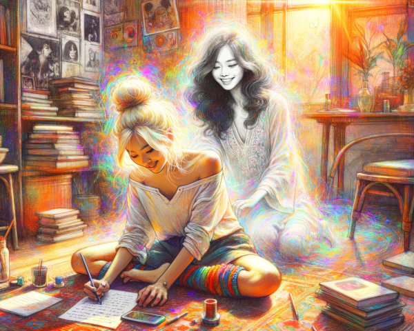 Vibrant Digital Painting of a Woman Writing Indoors