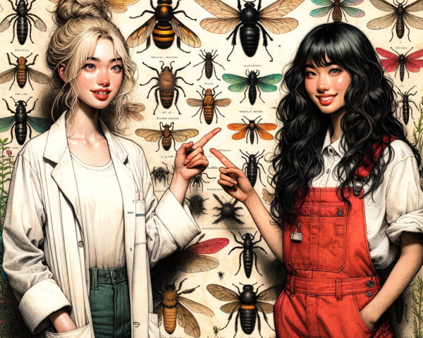 Young Women Engaged with Colorful Insect Display