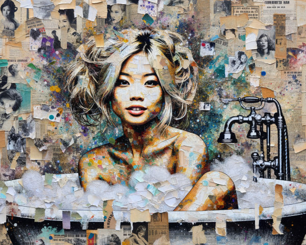Portrait of a Woman in Bathtub with Collage Background