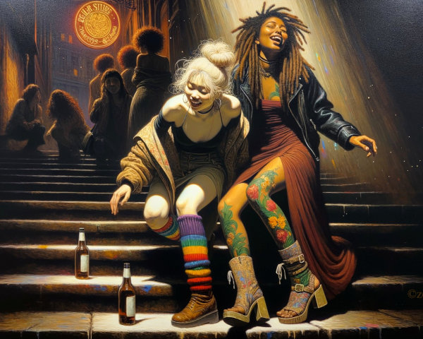 Women Laughing on Stairs with Urban Backdrop