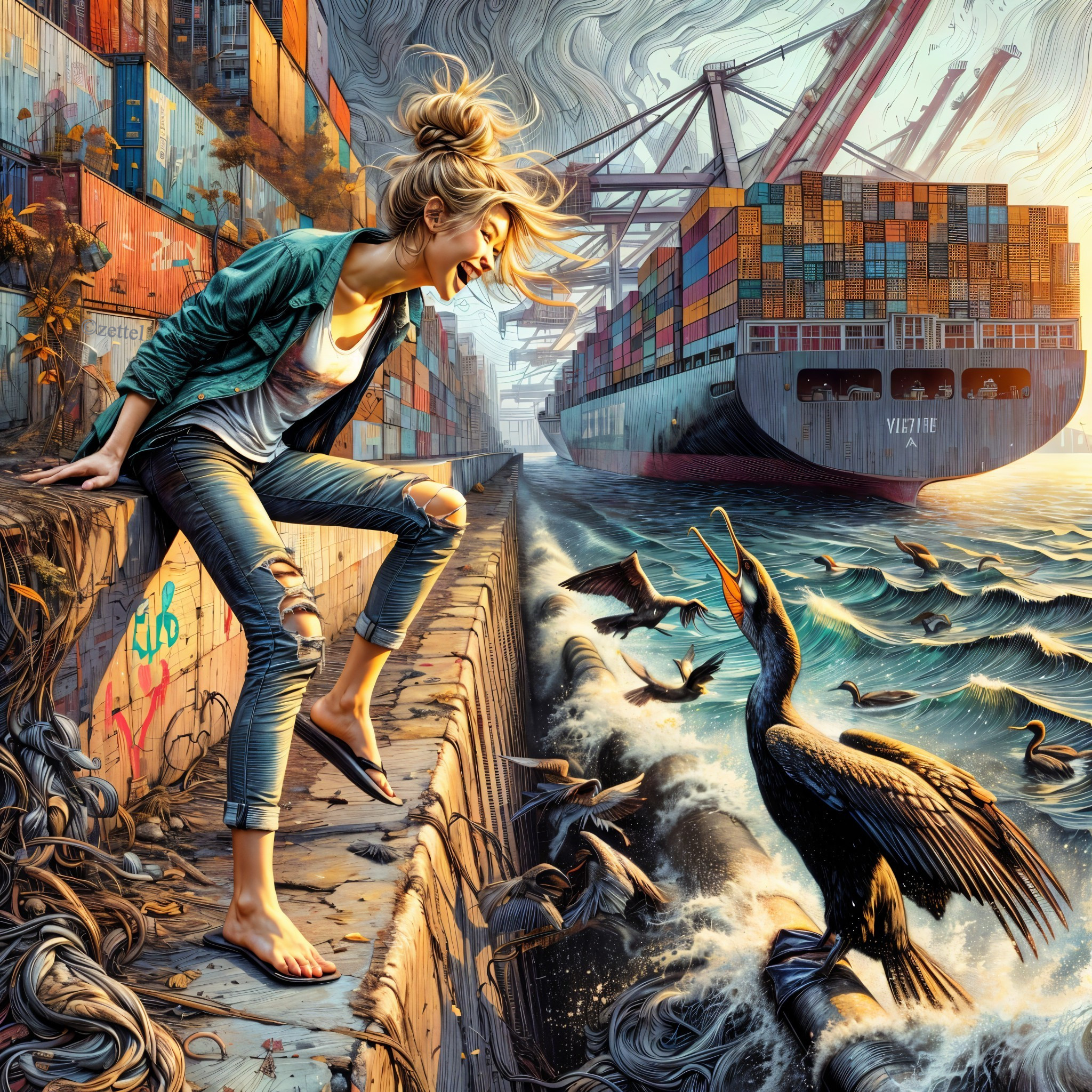 Young Woman Laughs by Vibrant Harbor with Cargo Ship
