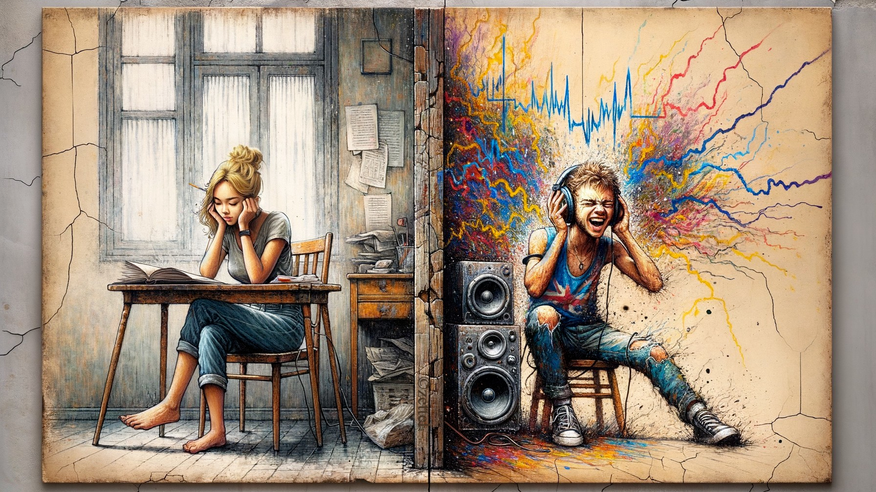 Contrasting Scenes of Quiet Reading and Joyful Music