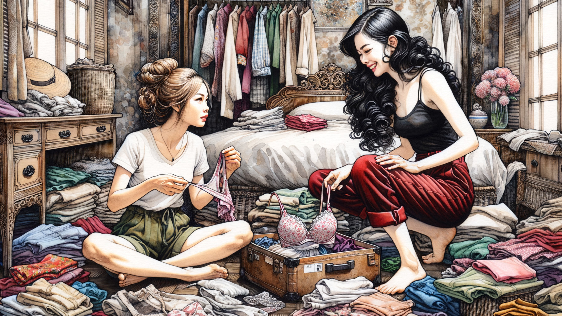 Cozy Bedroom Scene with Friends and Colorful Clothes