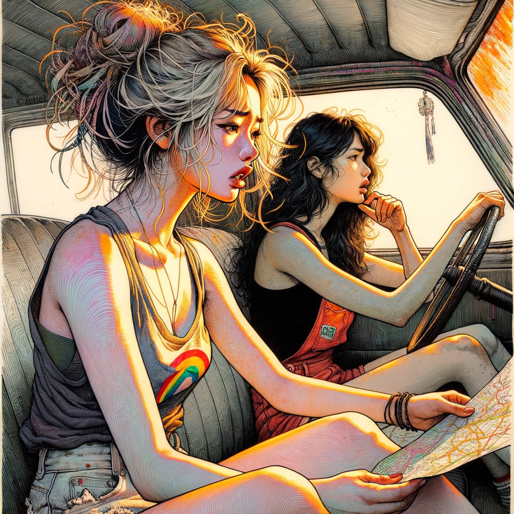 Young Women in Old Car on Road Trip Adventure