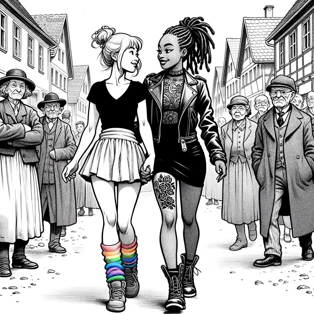 Young Women in Black-and-White Village Illustration