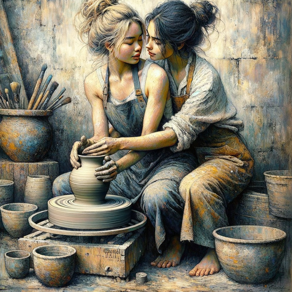 Two Women Collaborate in a Serene Pottery Workshop