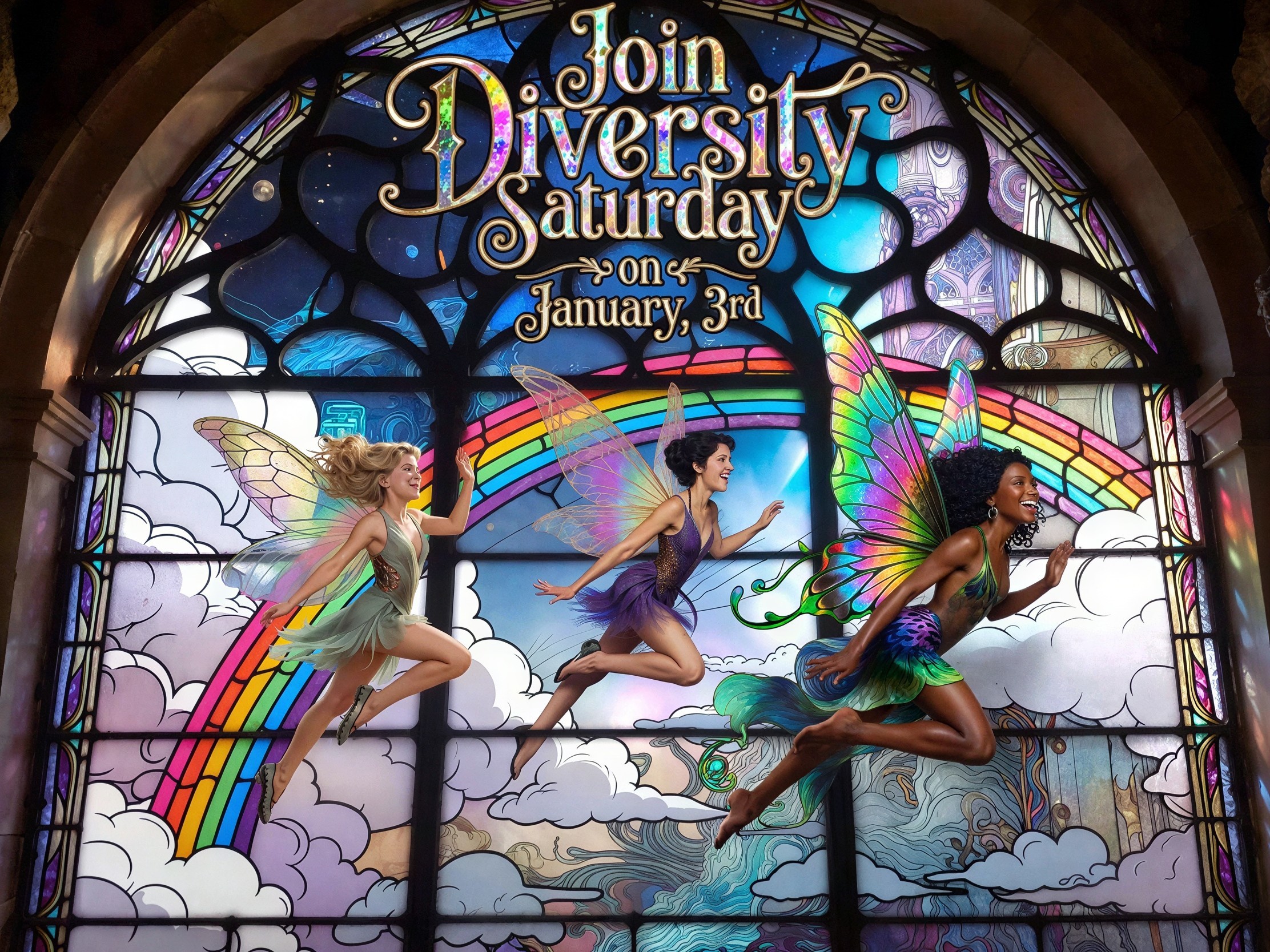 Fairies with Rainbow Wings Under a Stained Glass Window