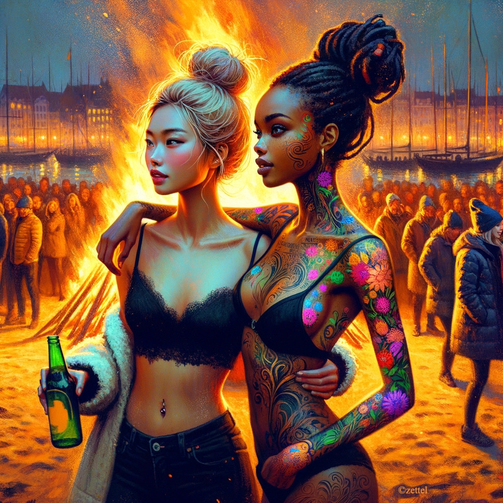 Young women by bonfire with beach crowd at night