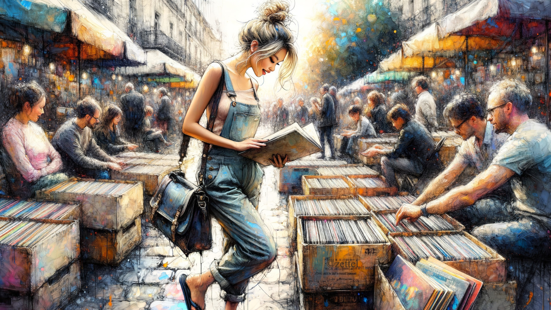 Outdoor Market Scene with Vintage Records and People