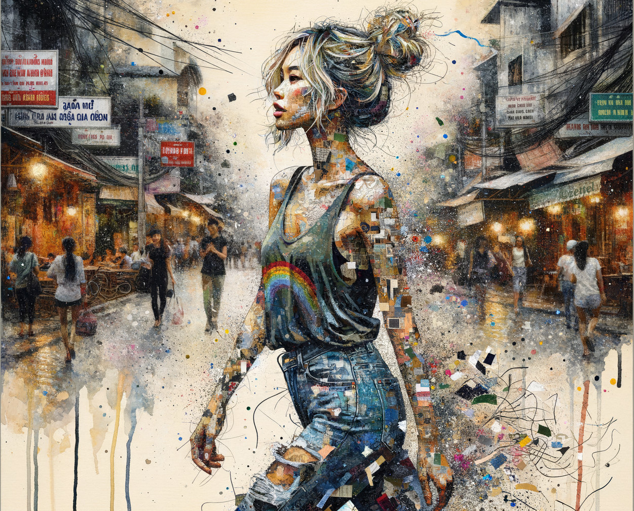Mixed-Media Artwork of Confident Woman in Urban Scene