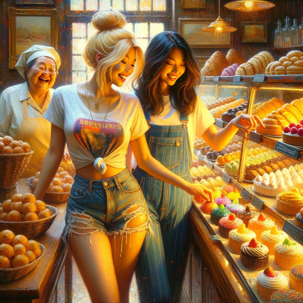 Cozy Bakery Scene with Colorful Pastries and Desserts