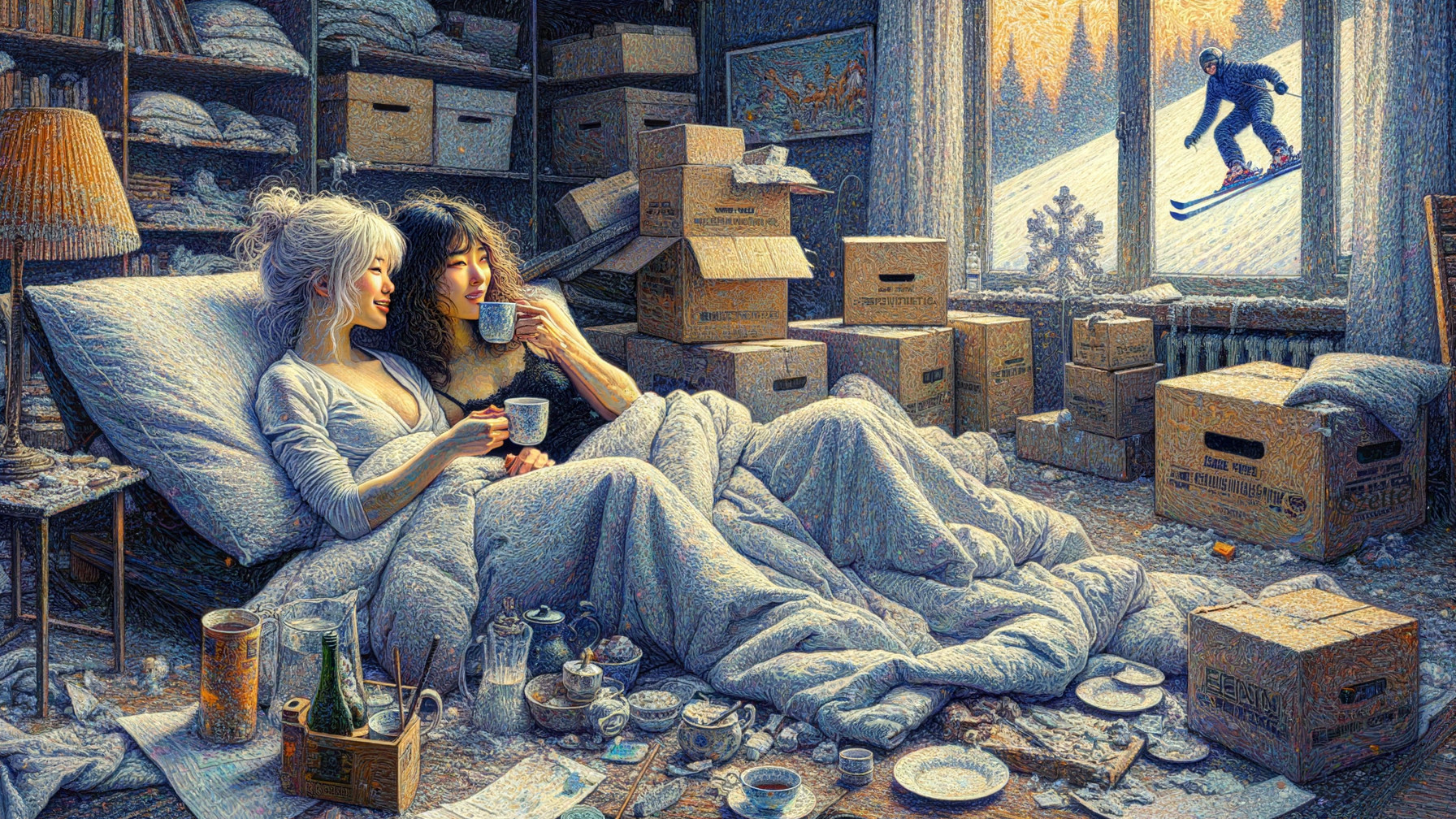 Cozy Room with Women, Tea, and Winter Scenery