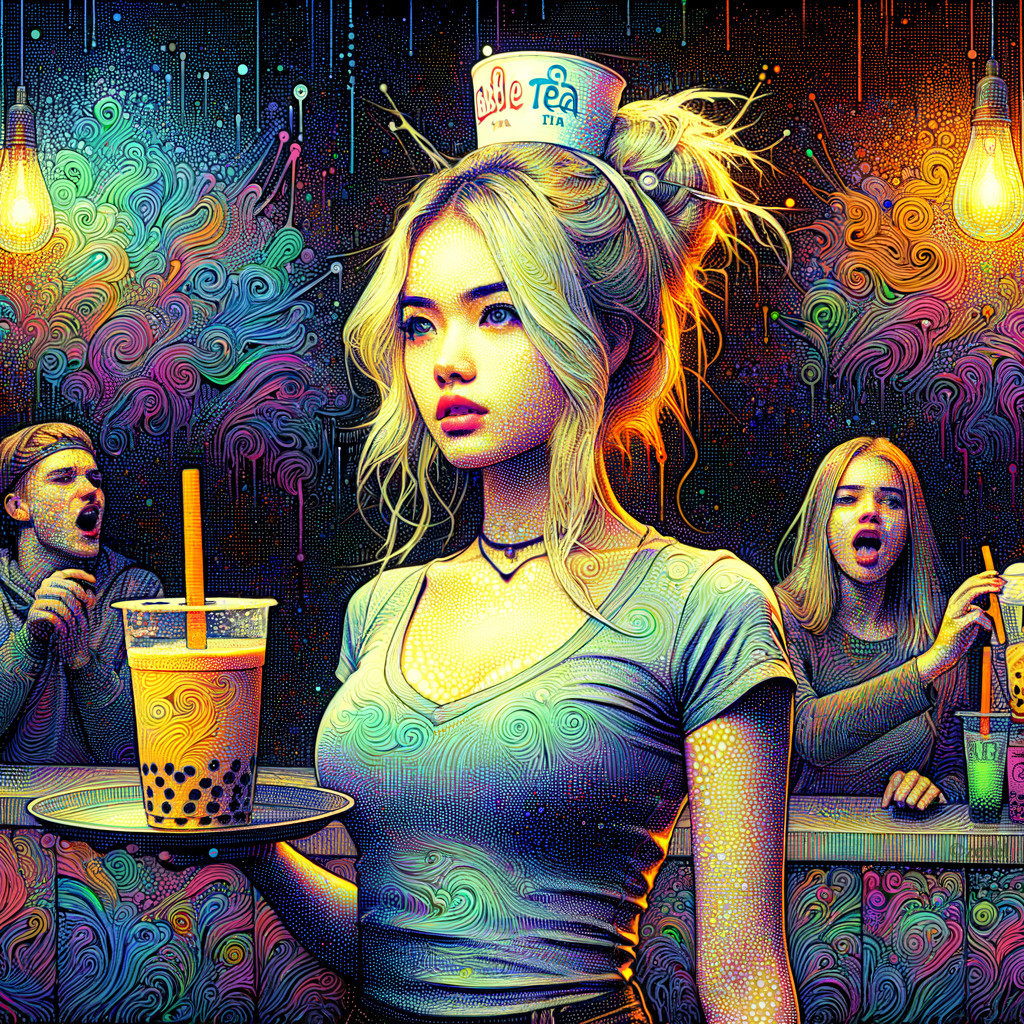 Psychedelic Bubble Tea Shop Scene with Vibrant Atmosphere
