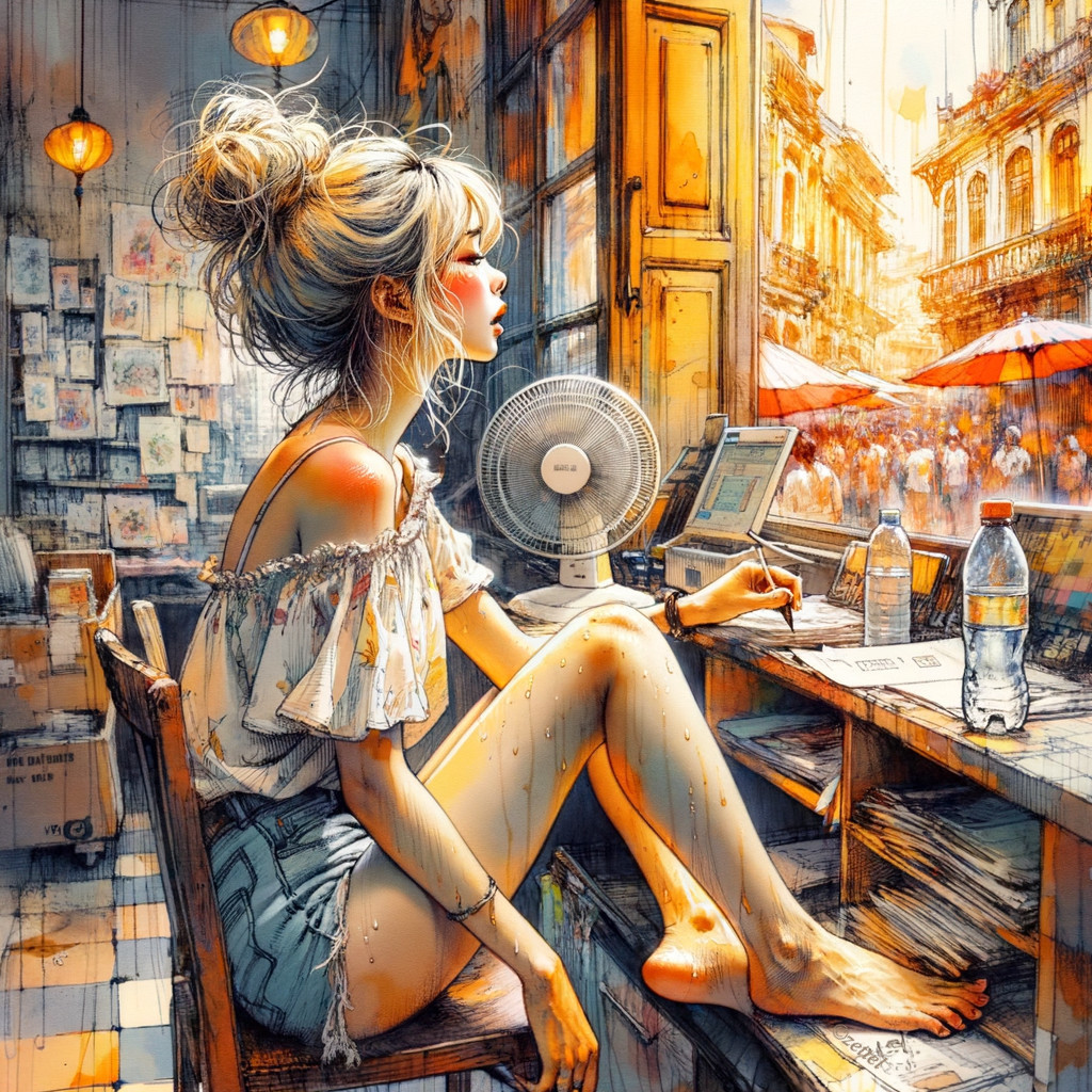 Young woman working at a desk in a sunlit room