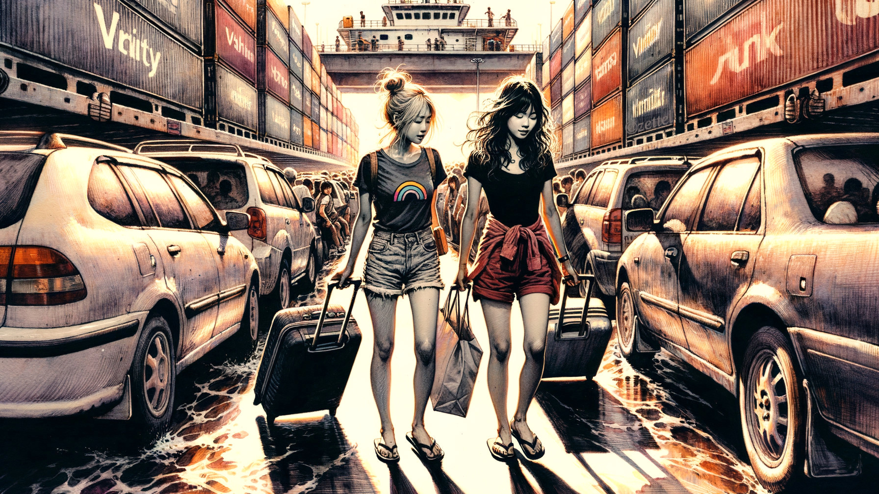 Young Women Navigating a Busy Port Scene