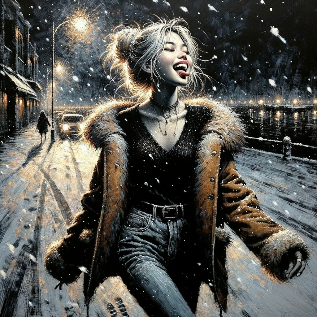 Joyful Woman Walking in Snowy Urban Evening Scene