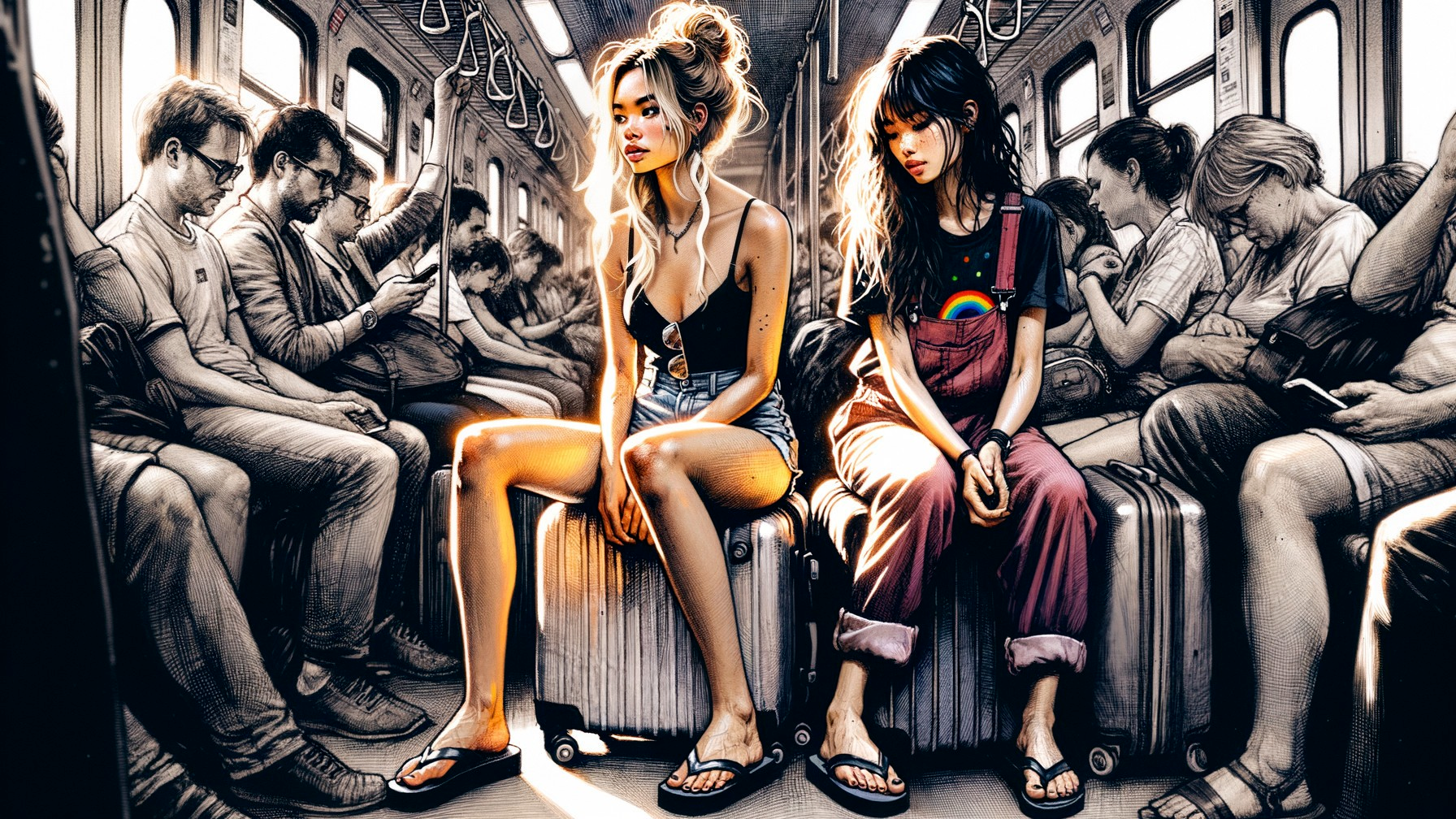 Young Women in Contrasting Styles on Subway Train