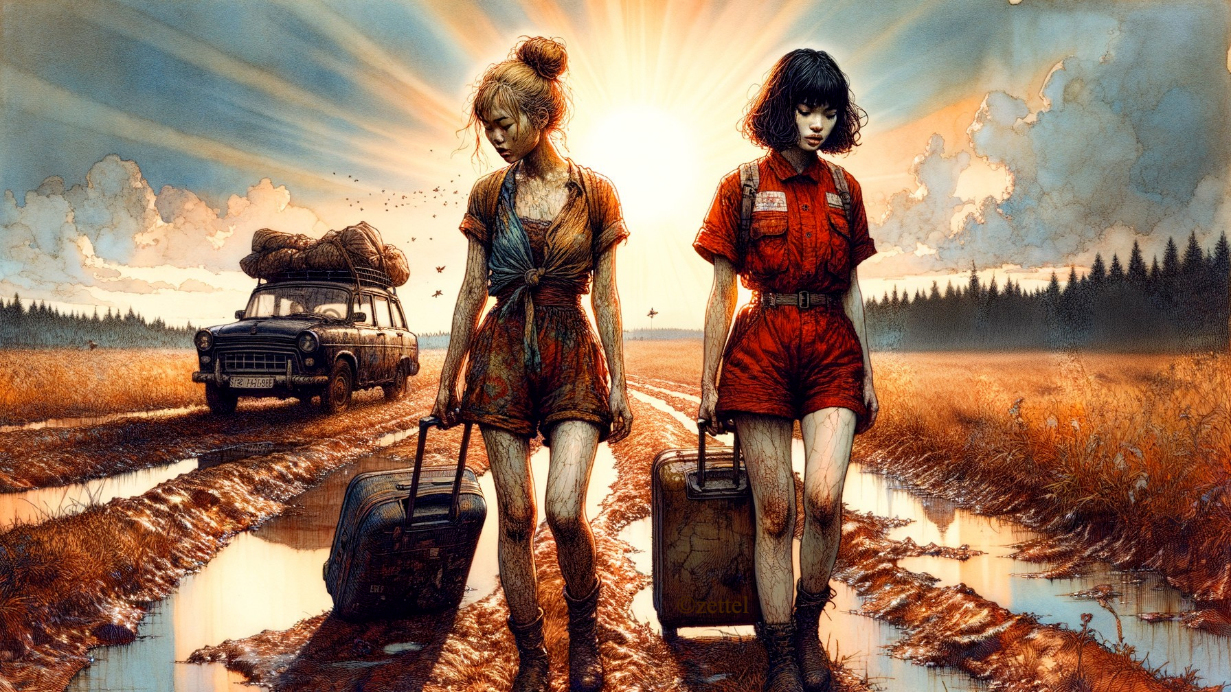 Young Women Walking on Muddy Country Road with Suitcases