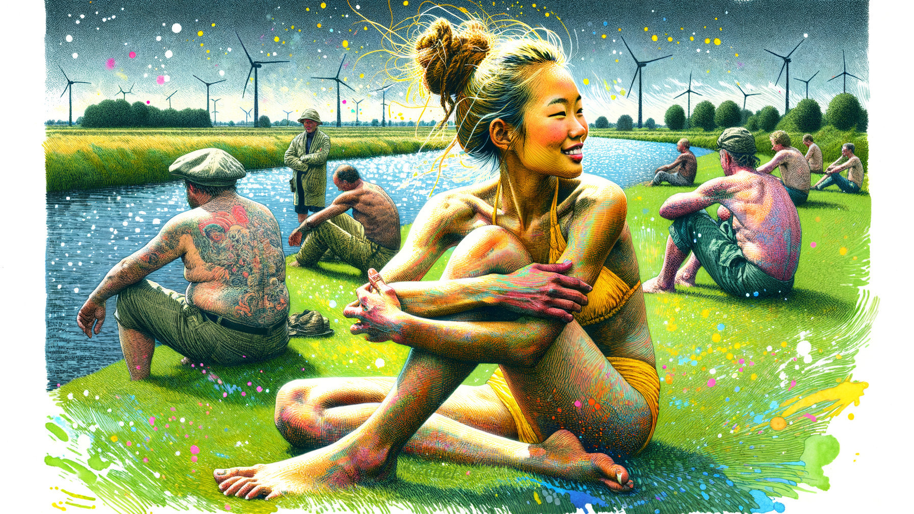 Colorful Riverbank Scene with Relaxing Figures