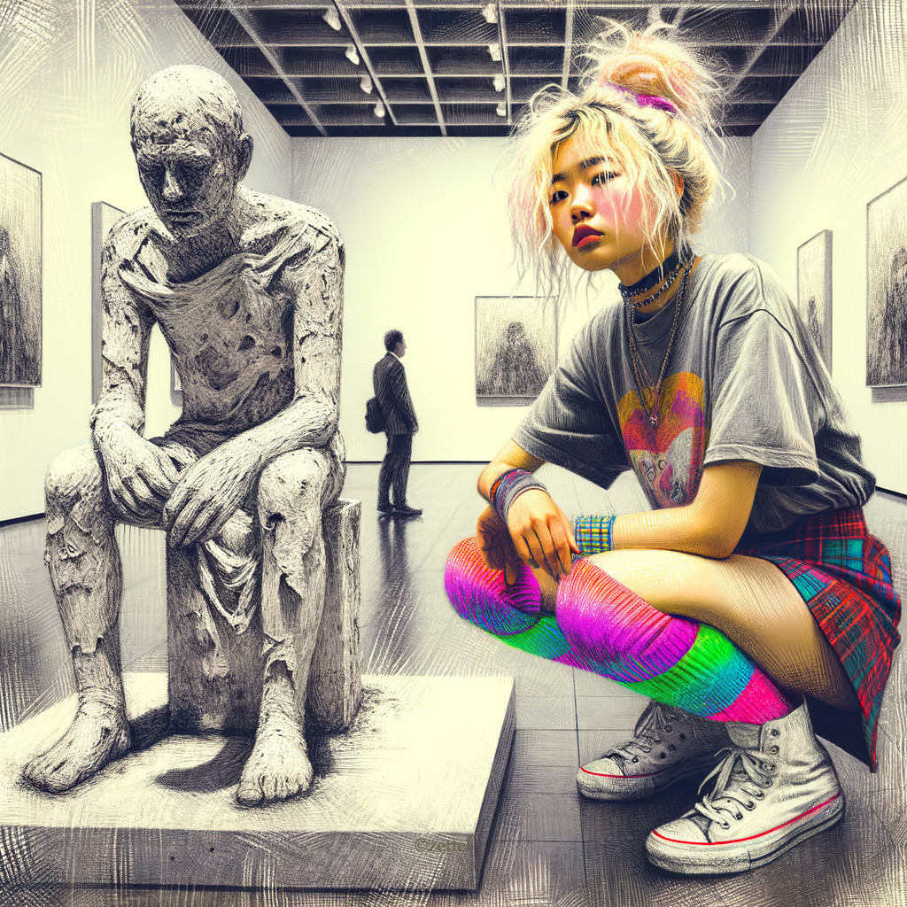Young Woman in Colorful Attire at Modern Art Gallery