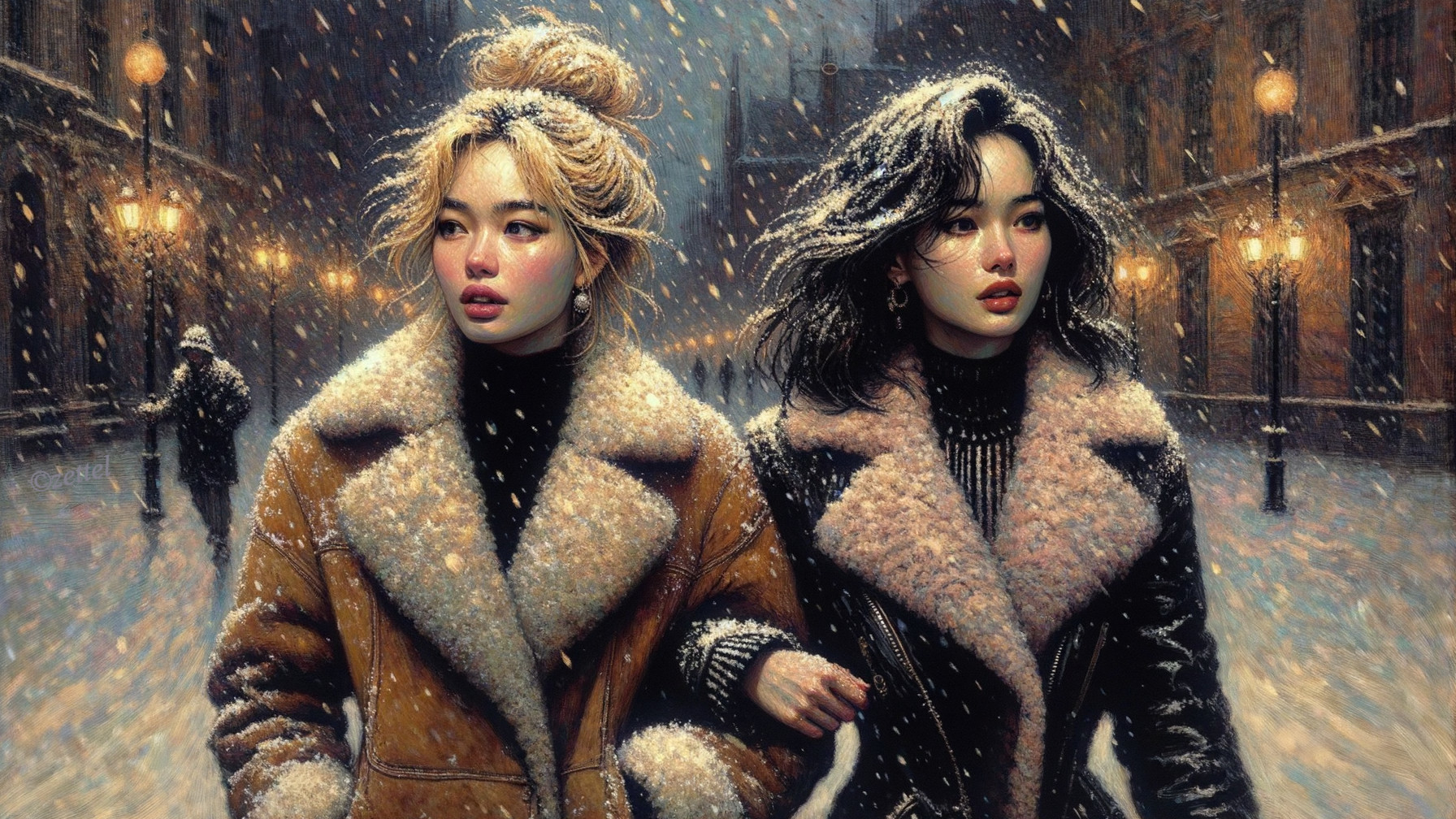 Young Women in Stylish Coats on Snowy Street