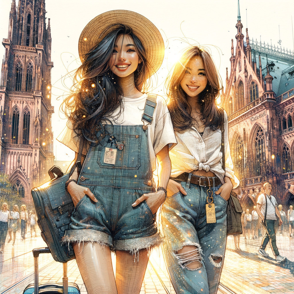 Fashionable Young Women in Urban Setting with Architecture