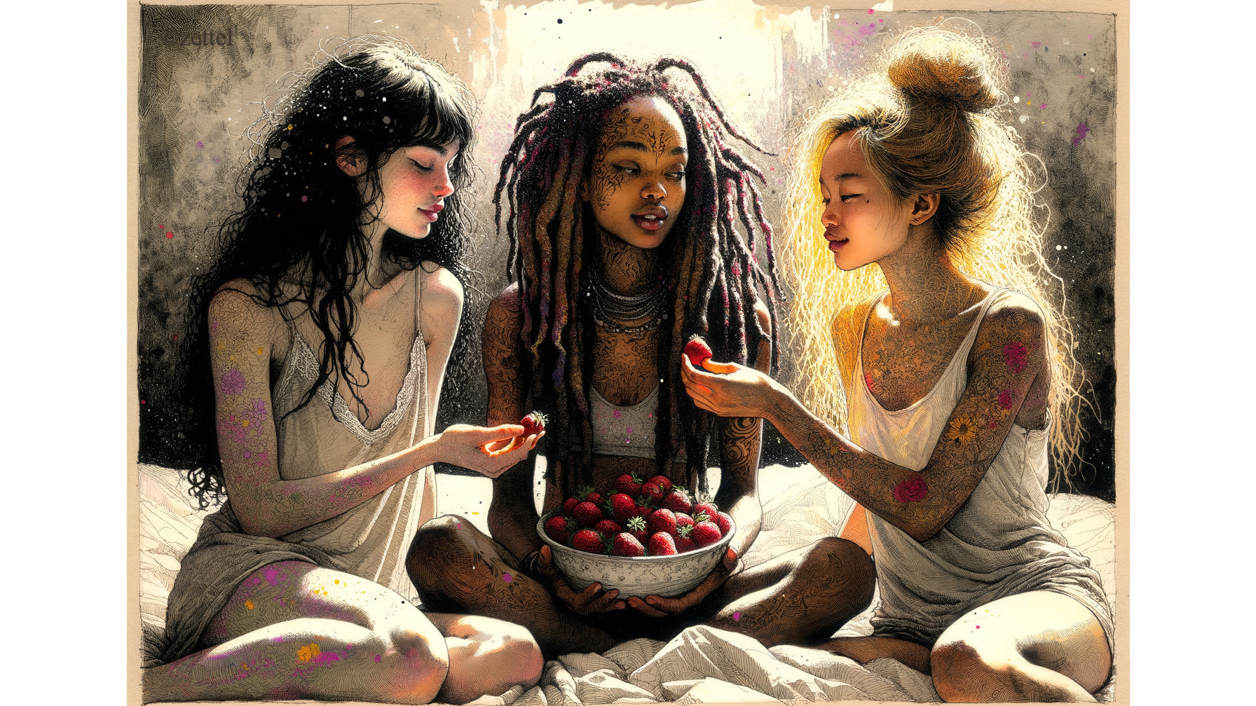 Women Enjoying Strawberries in a Cozy Setting