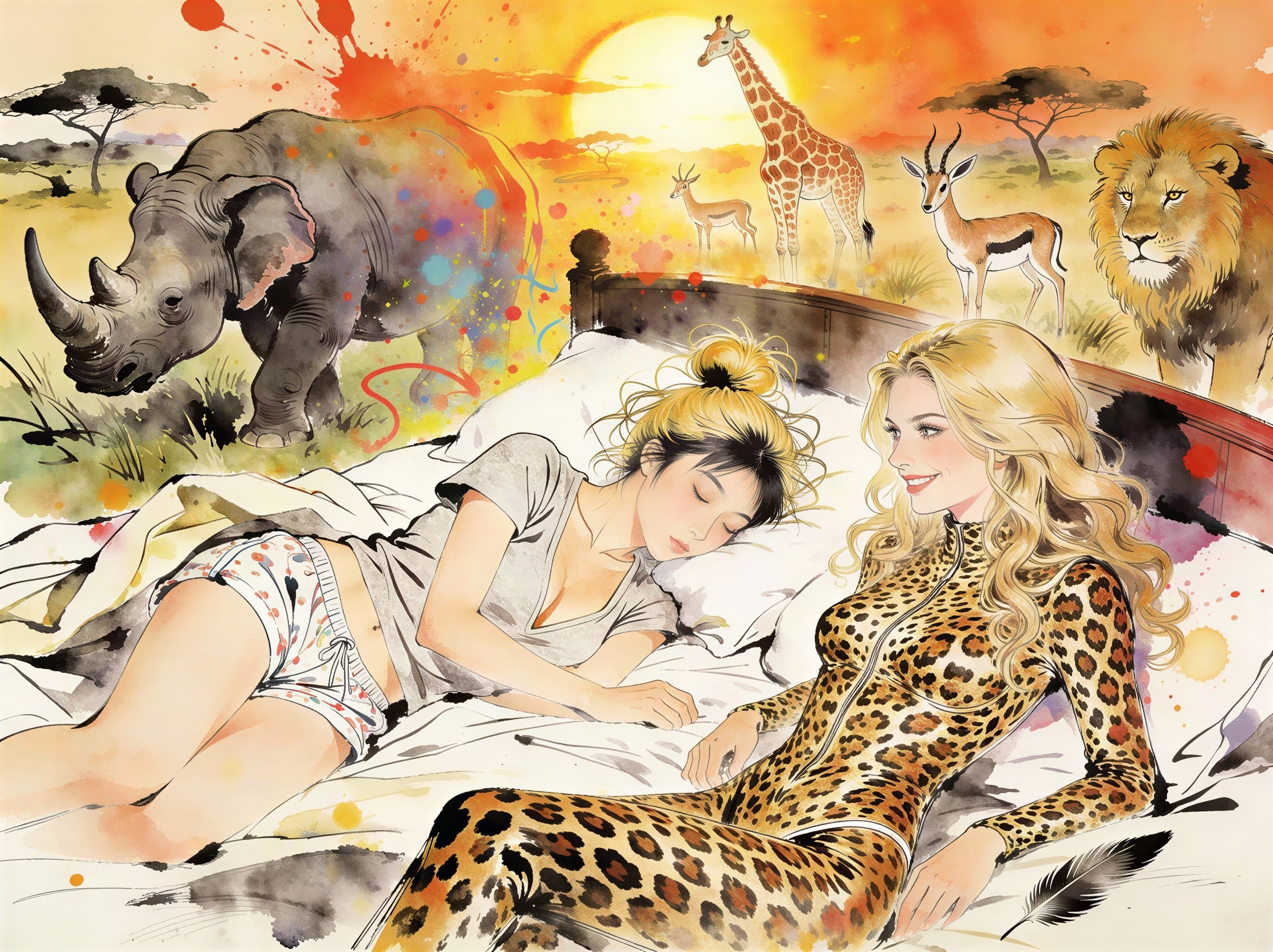 Young Women in Bed with Safari Scene Background
