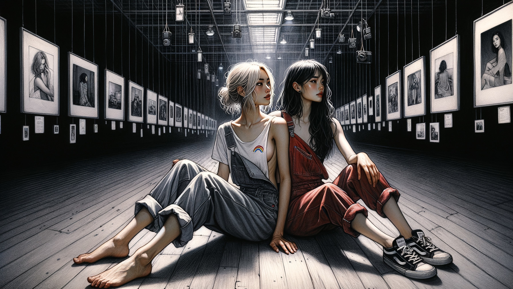 Young Women in Art Gallery Surrounded by Photographs