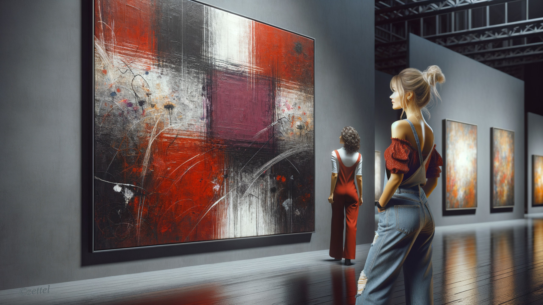 Women Admiring Abstract Art in Modern Gallery