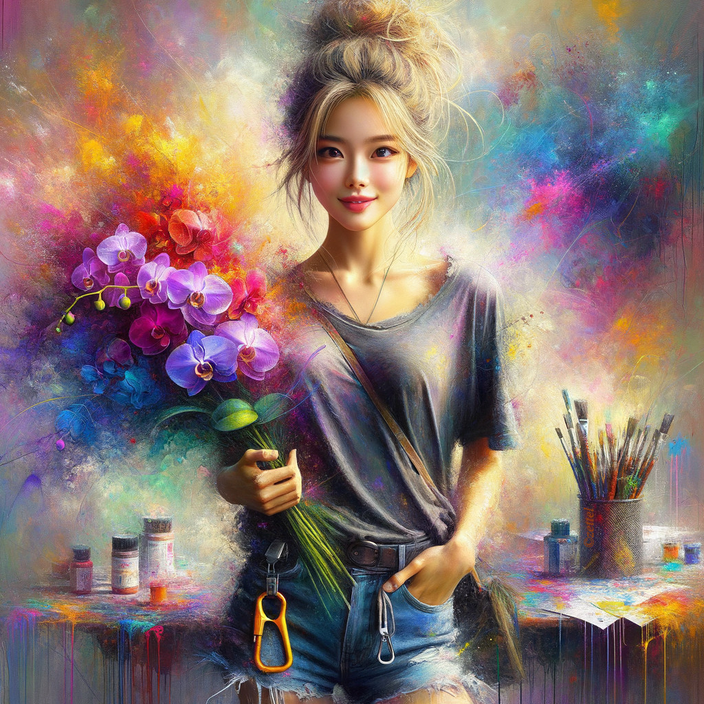 Young Woman with Orchids in Colorful Artistic Setting