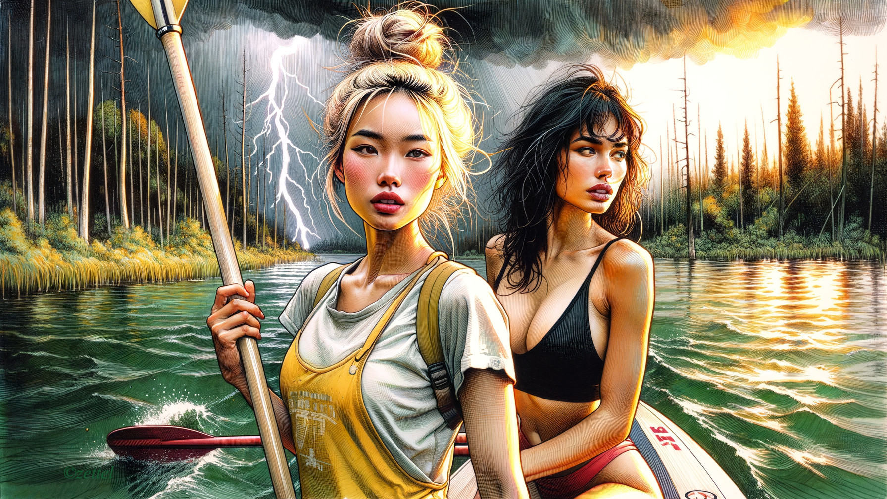 Women kayaking on a lake with stormy backdrop