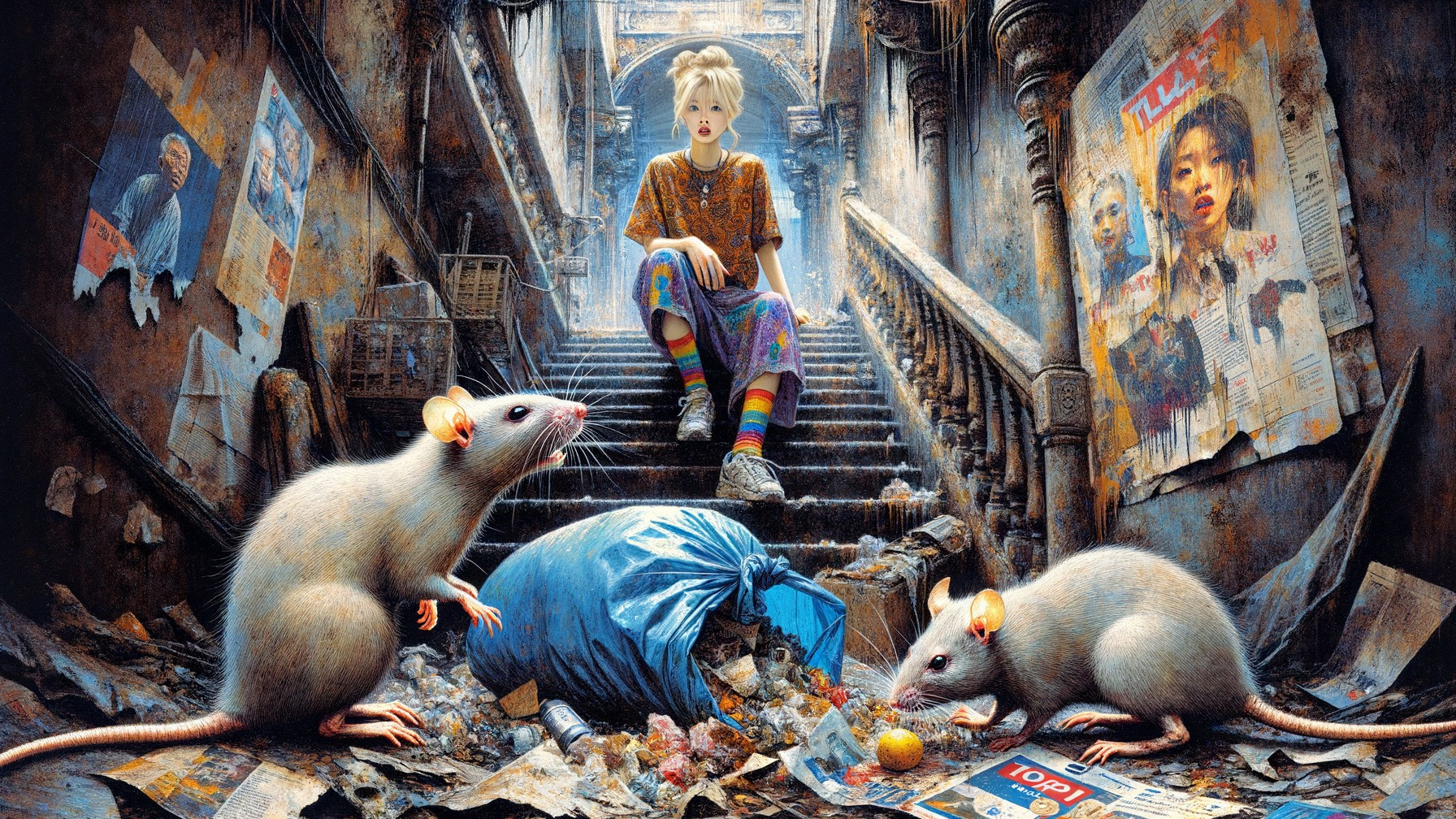 Young girl in vibrant clothing in derelict stairwell