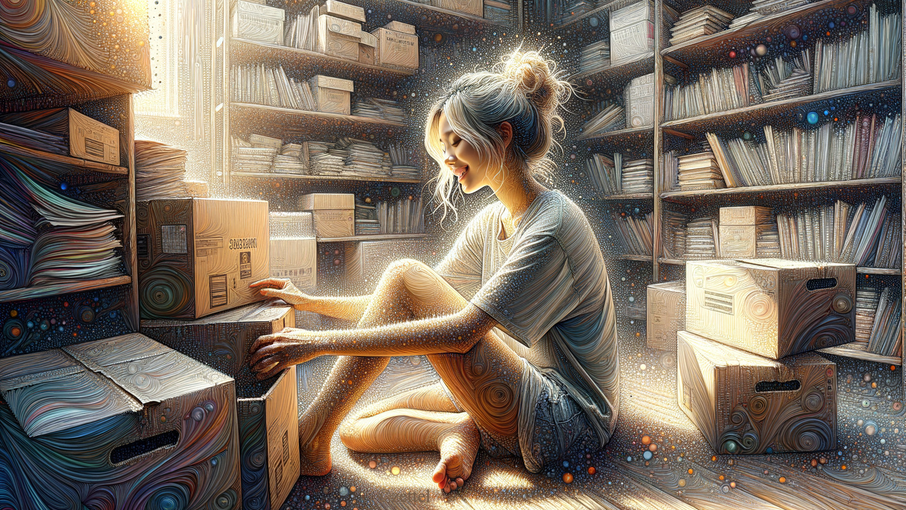 Young woman in sunlit library surrounded by books