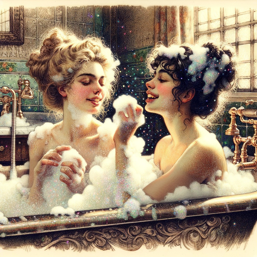 Two Women in a Luxurious Bubble Bath Setting