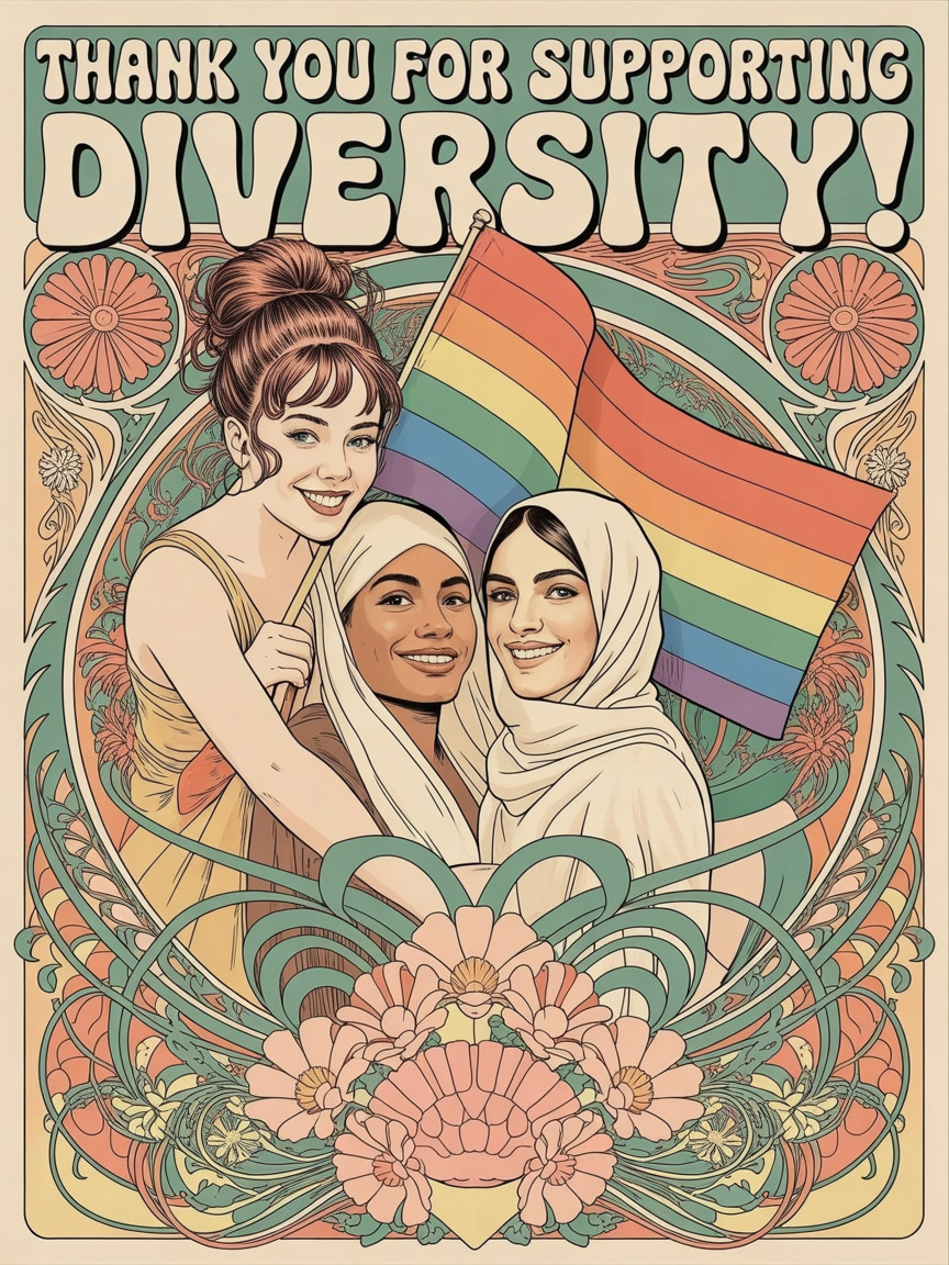 Celebration of Diversity with Women and Rainbow Flag