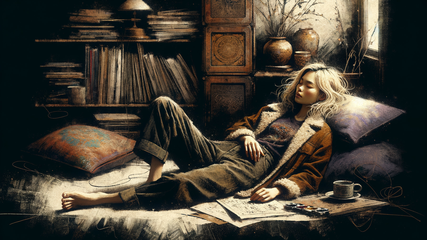 Cozy Room with Young Woman Surrounded by Books and Art