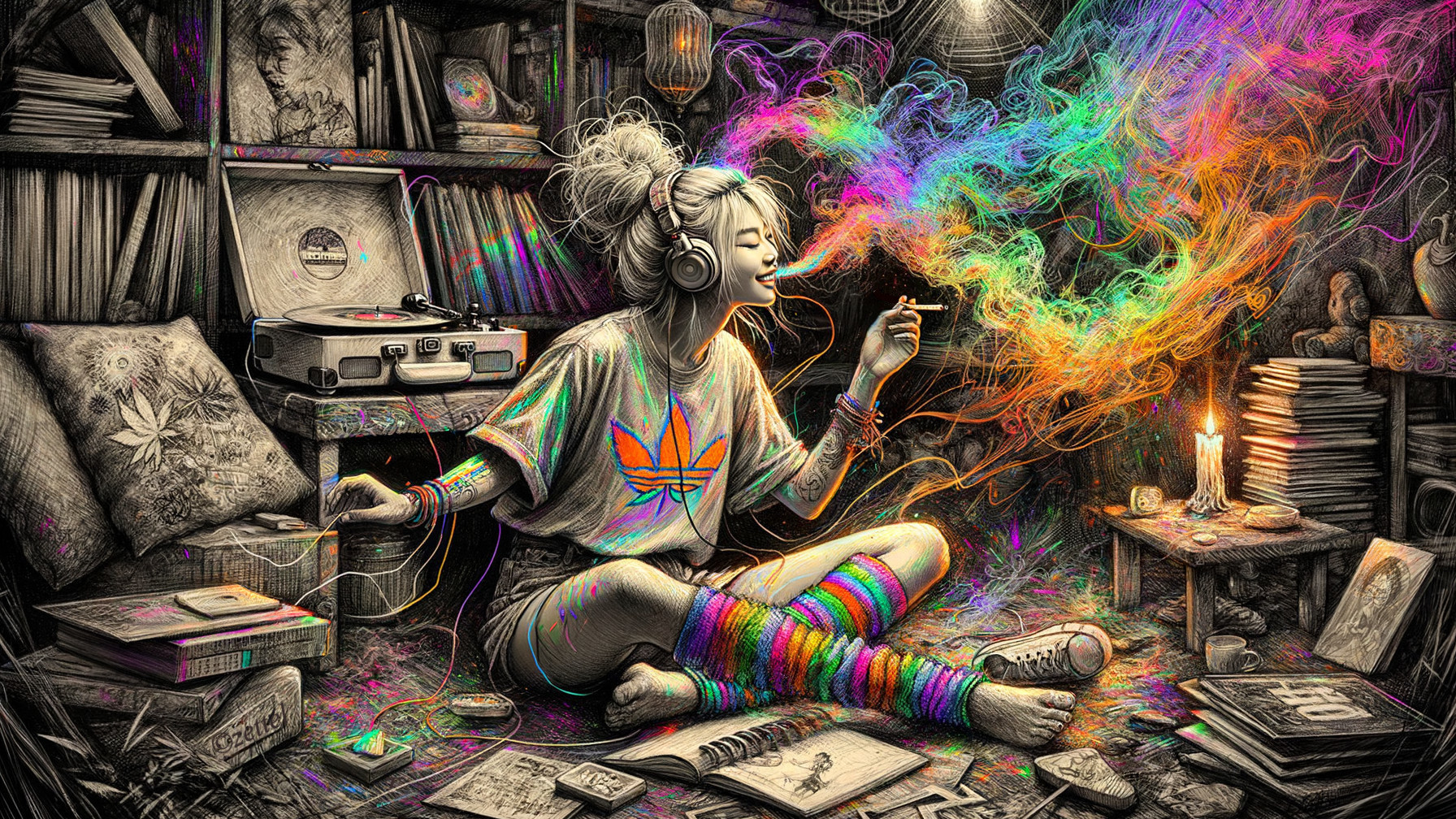 Stylish Woman with Colorful Smoke and Music Elements
