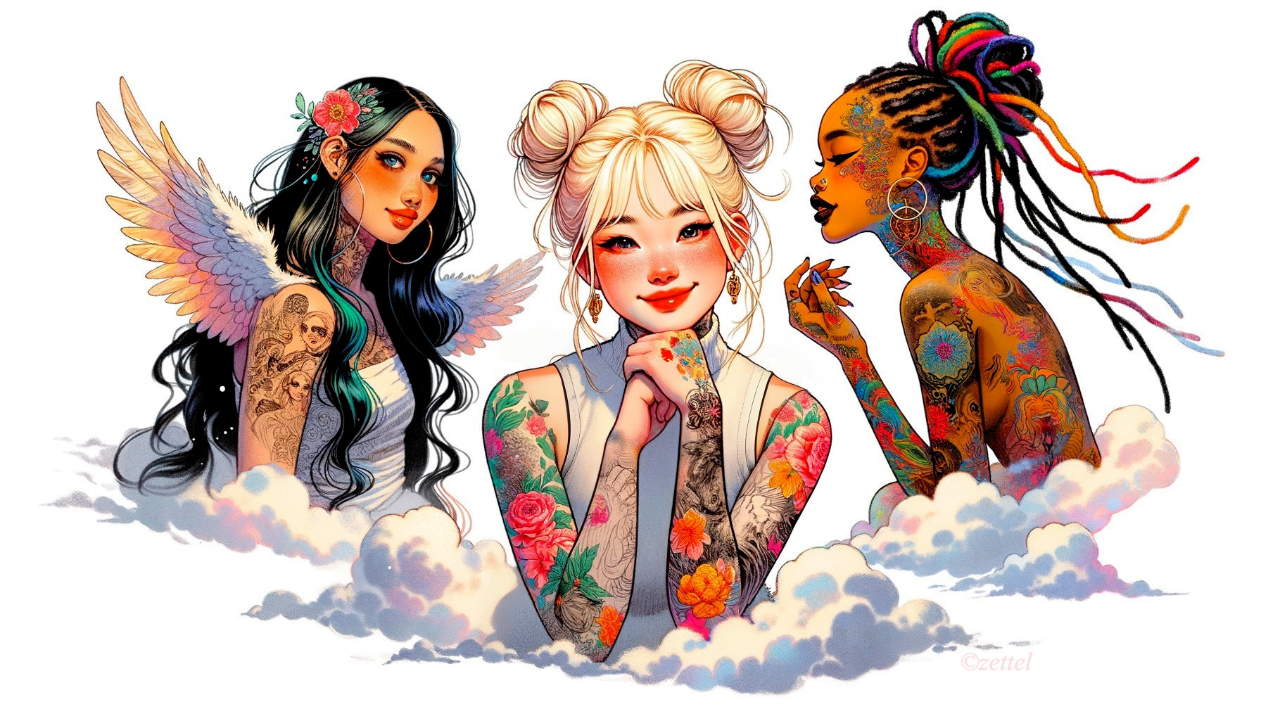 Stylized Women with Tattoos and Unique Hairstyles