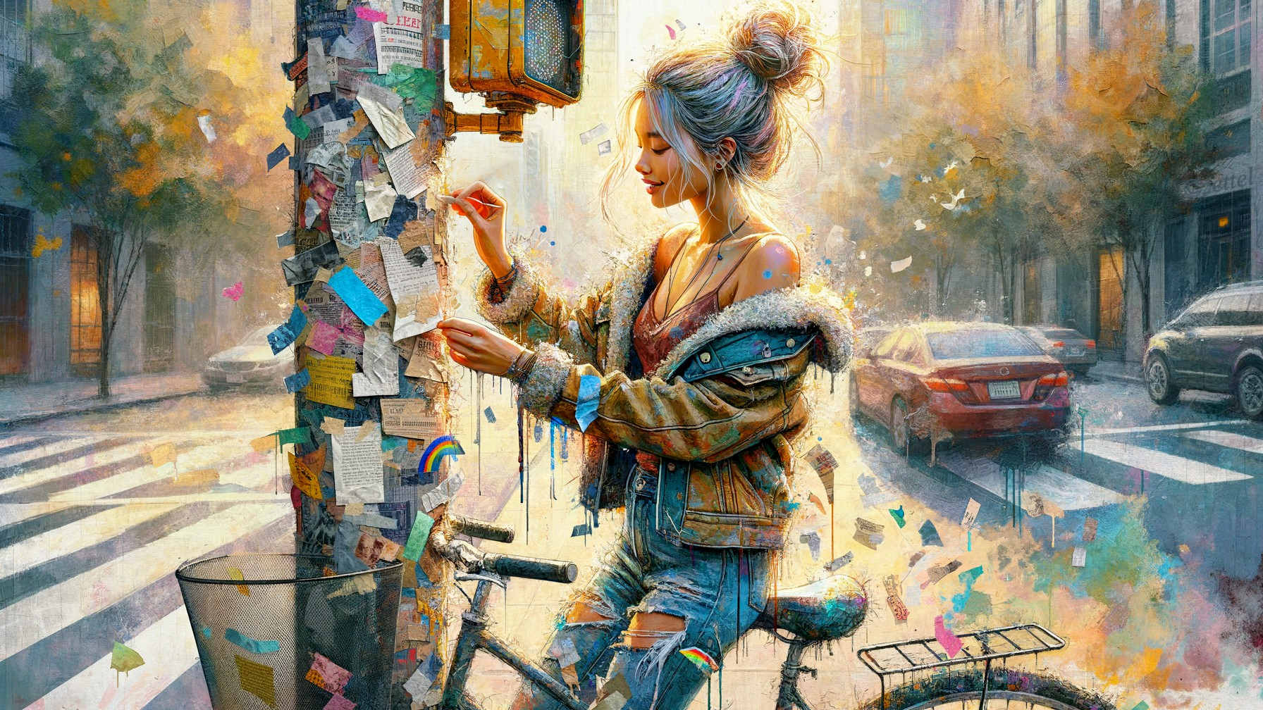 Young Woman Interacting with Colorful Street Collage